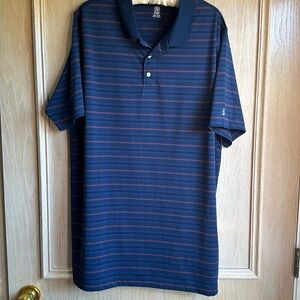 PGA Tour Dark Blue with WaterMelon Stripe XXL Golf Polo 3 Button Neck, Very Long